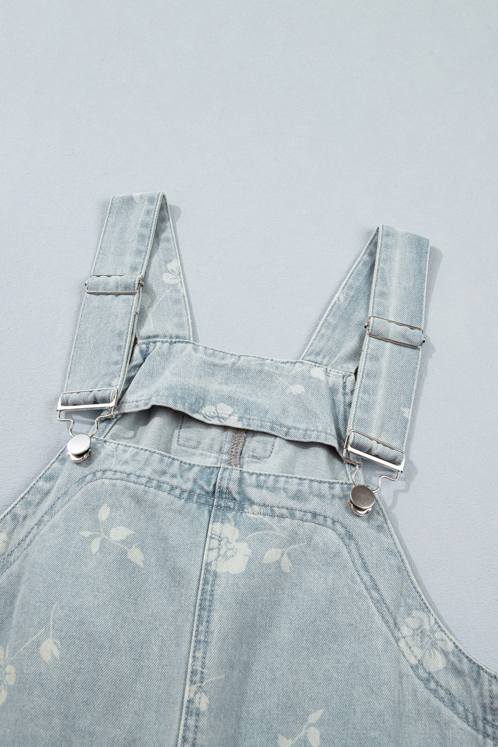 Sky Blue Retro Wash Denim Floral Print Overall Mini Dress