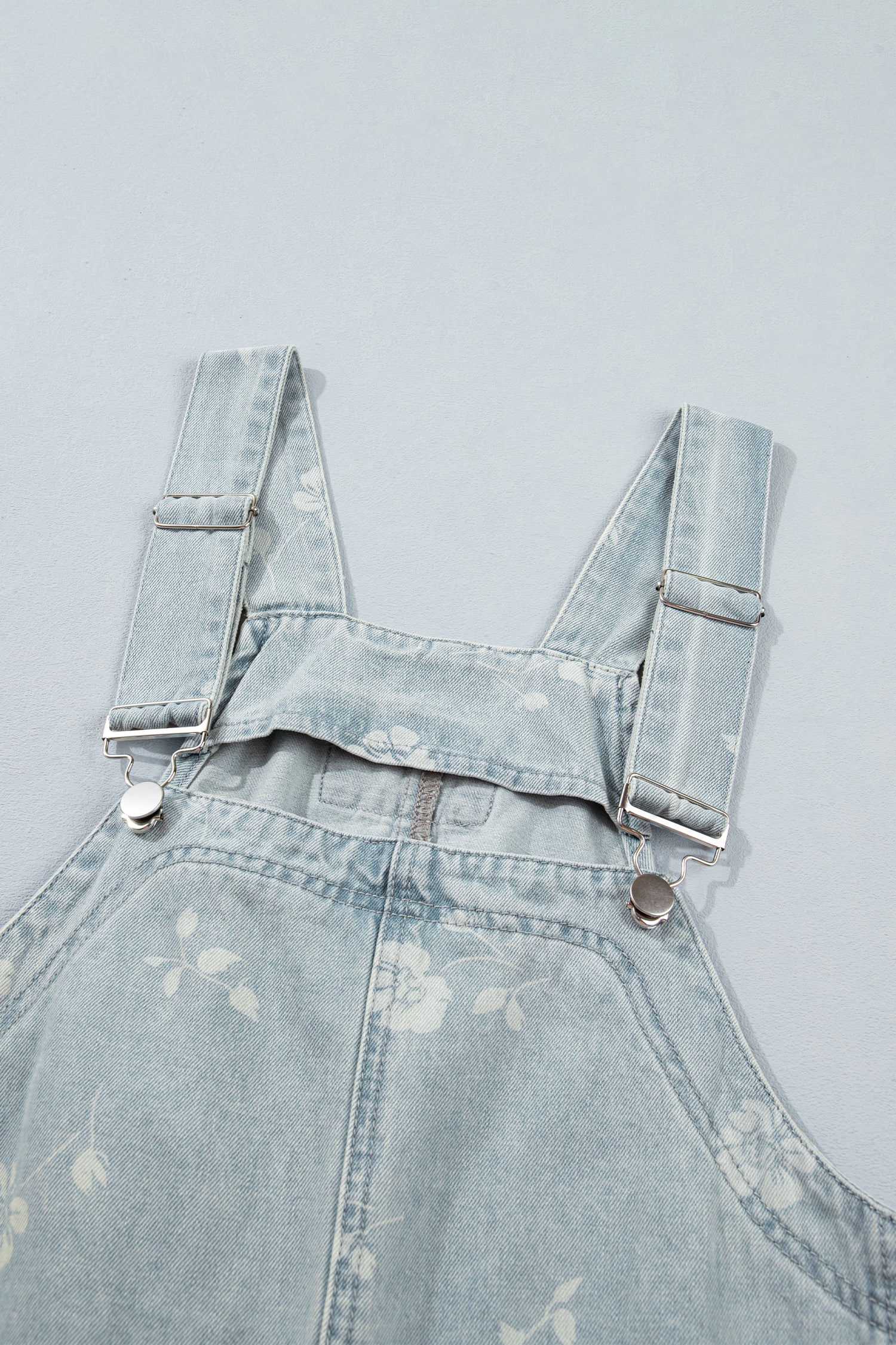 Sky Blue Retro Wash Denim Floral Print Overall Mini Dress