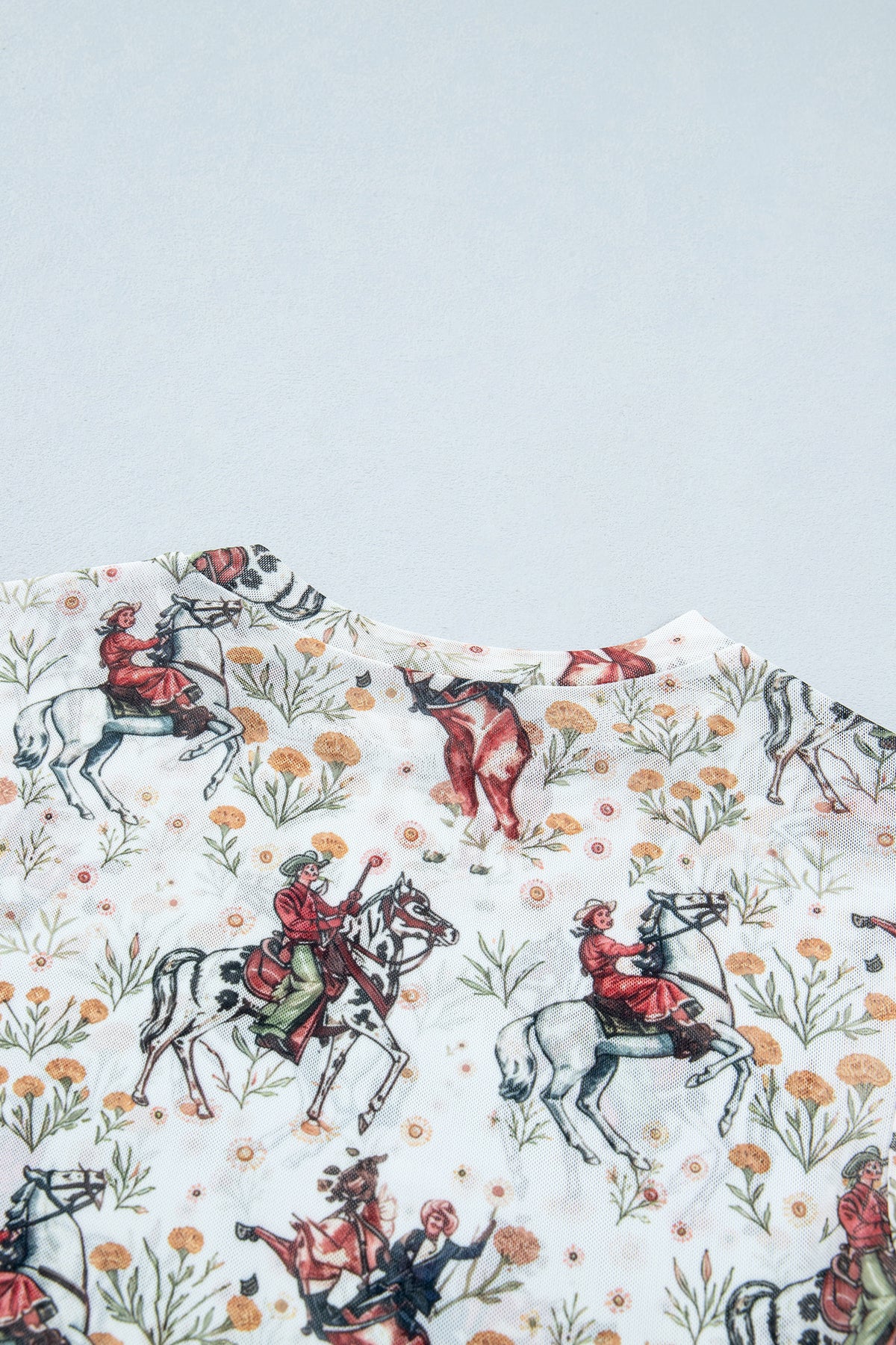 Beige Western Cowboy Floral Print Sheer Mesh Long Sleeve Top