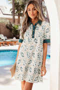 Blue Geometric Floral Print Lace Trim Collared Short Sleeve Mini Dress