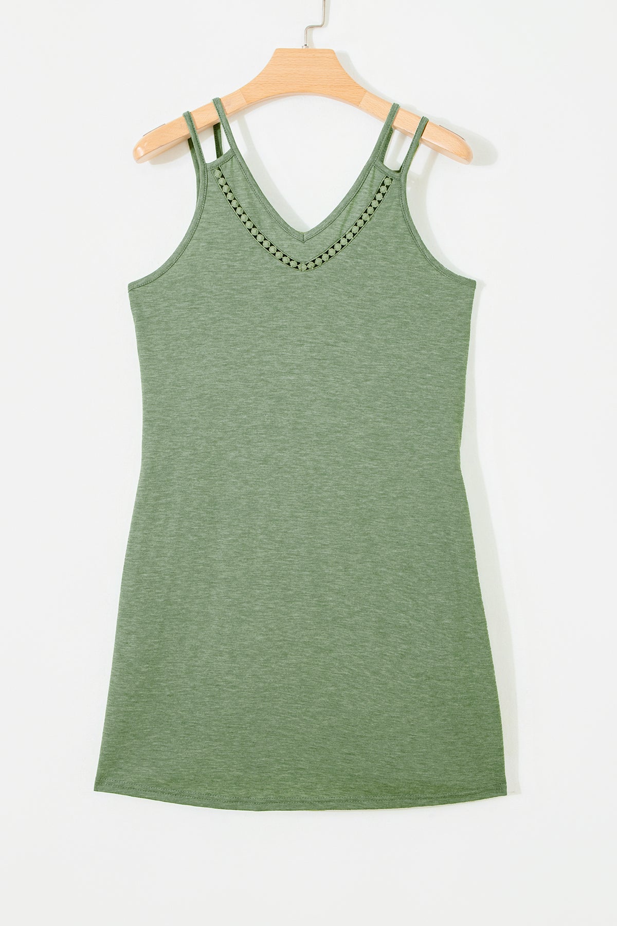Grass Green Solid Color Lace Detail V Neck Sleeveless Shift Mini Dress
