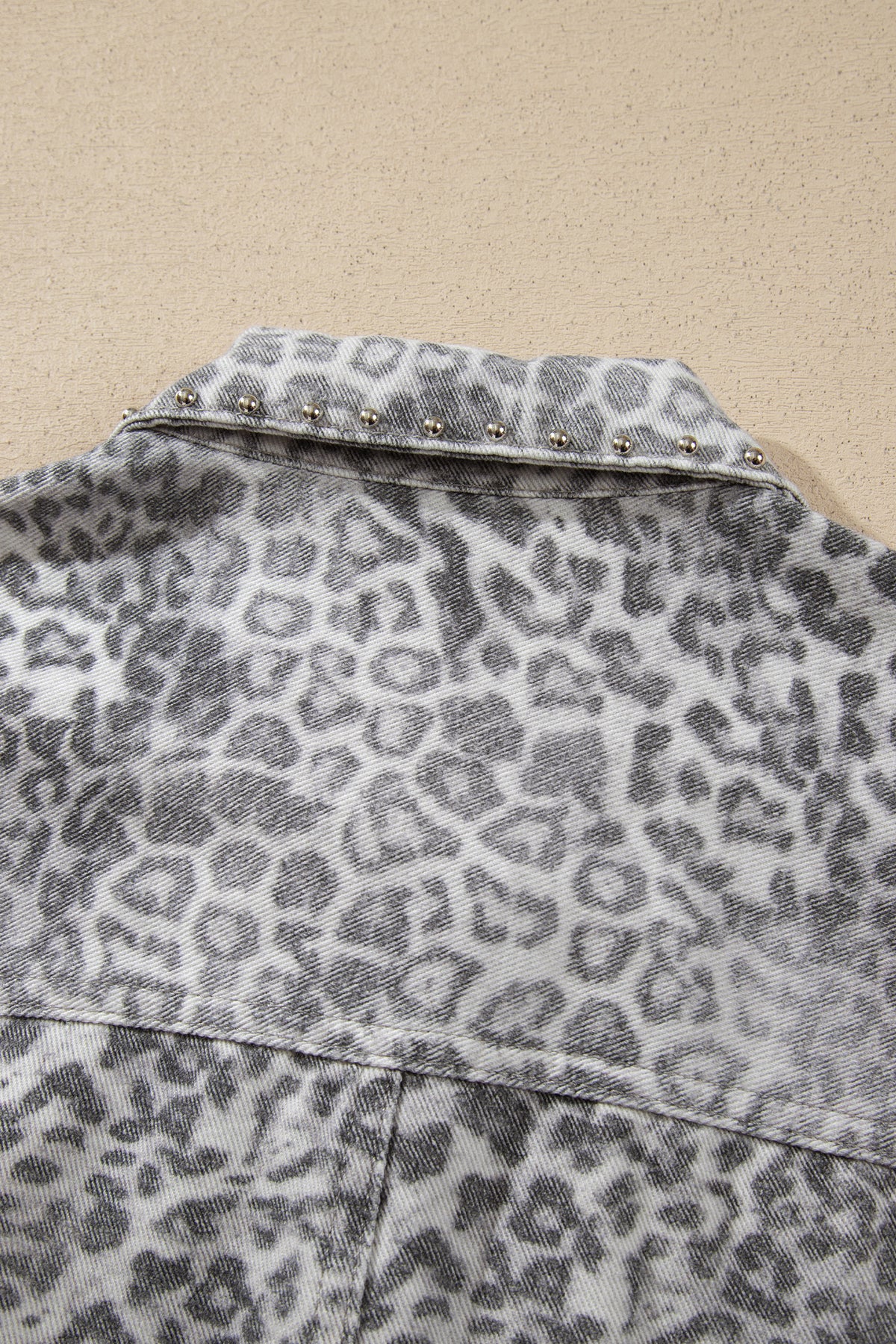 Khaki Leopard Print Studded Collar Studded Patch Pocket Denim Jacket