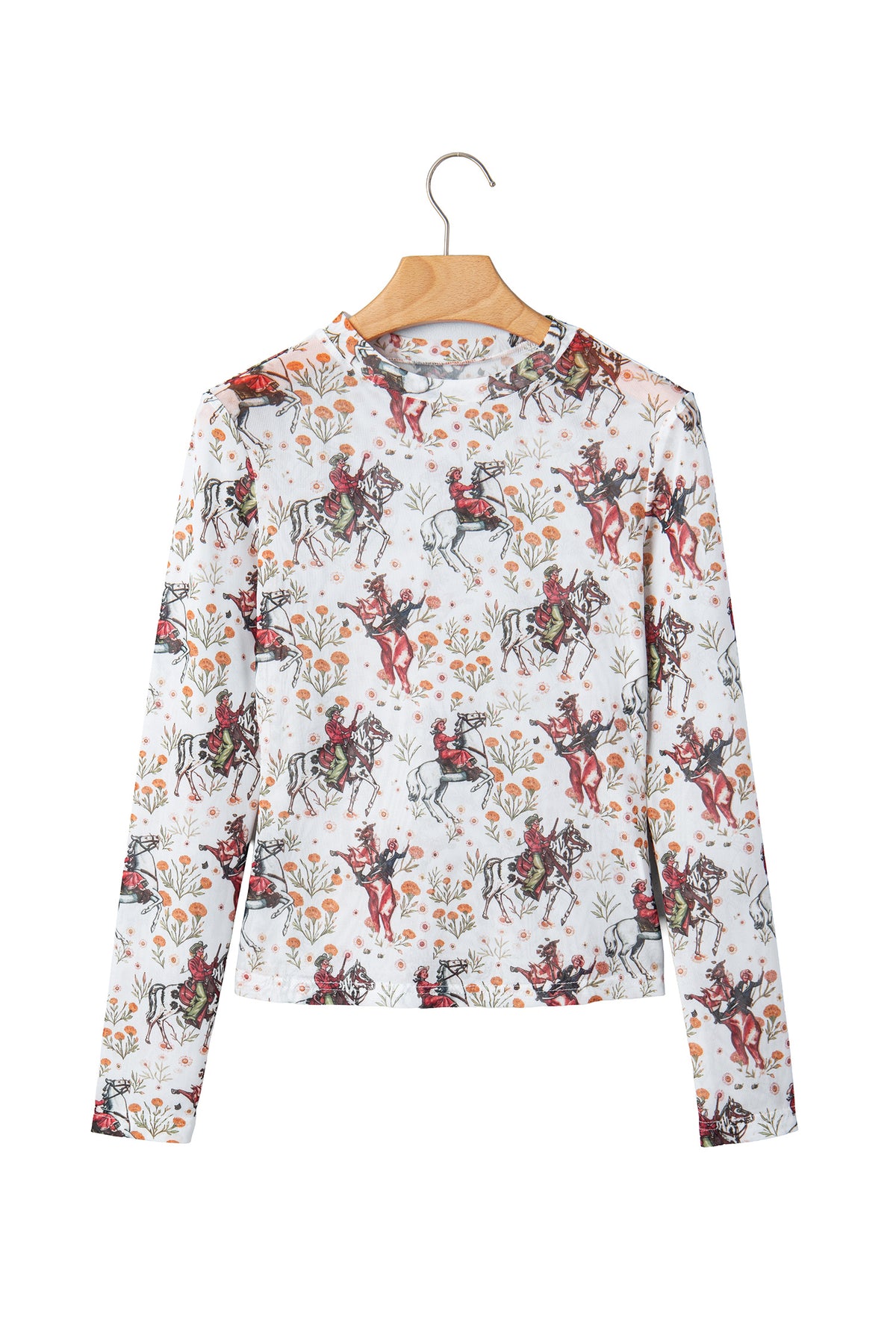 Beige Western Cowboy Floral Print Sheer Mesh Long Sleeve Top