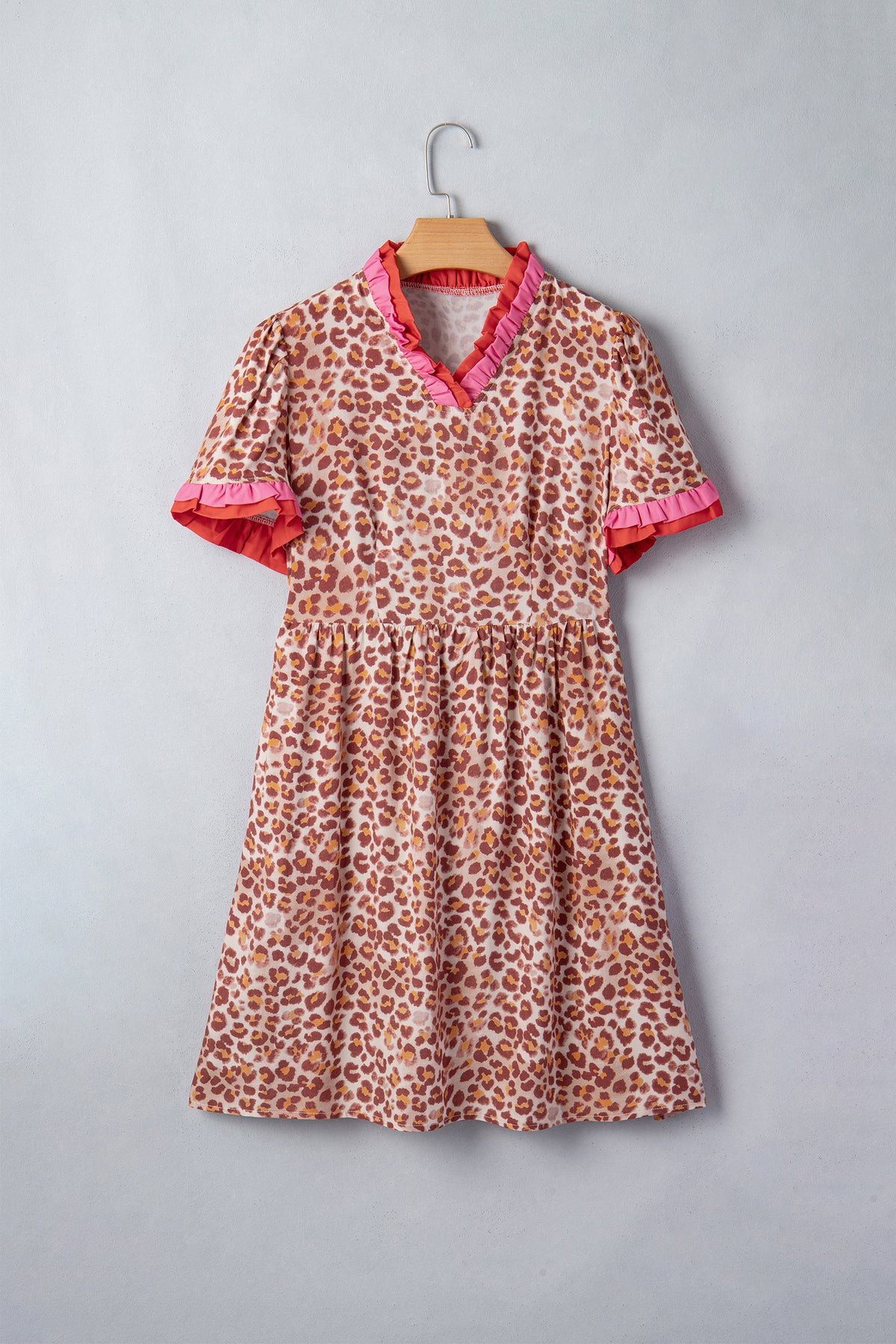 Khaki Leopard High Waist Ruffled Colorblock Trim Short Dress