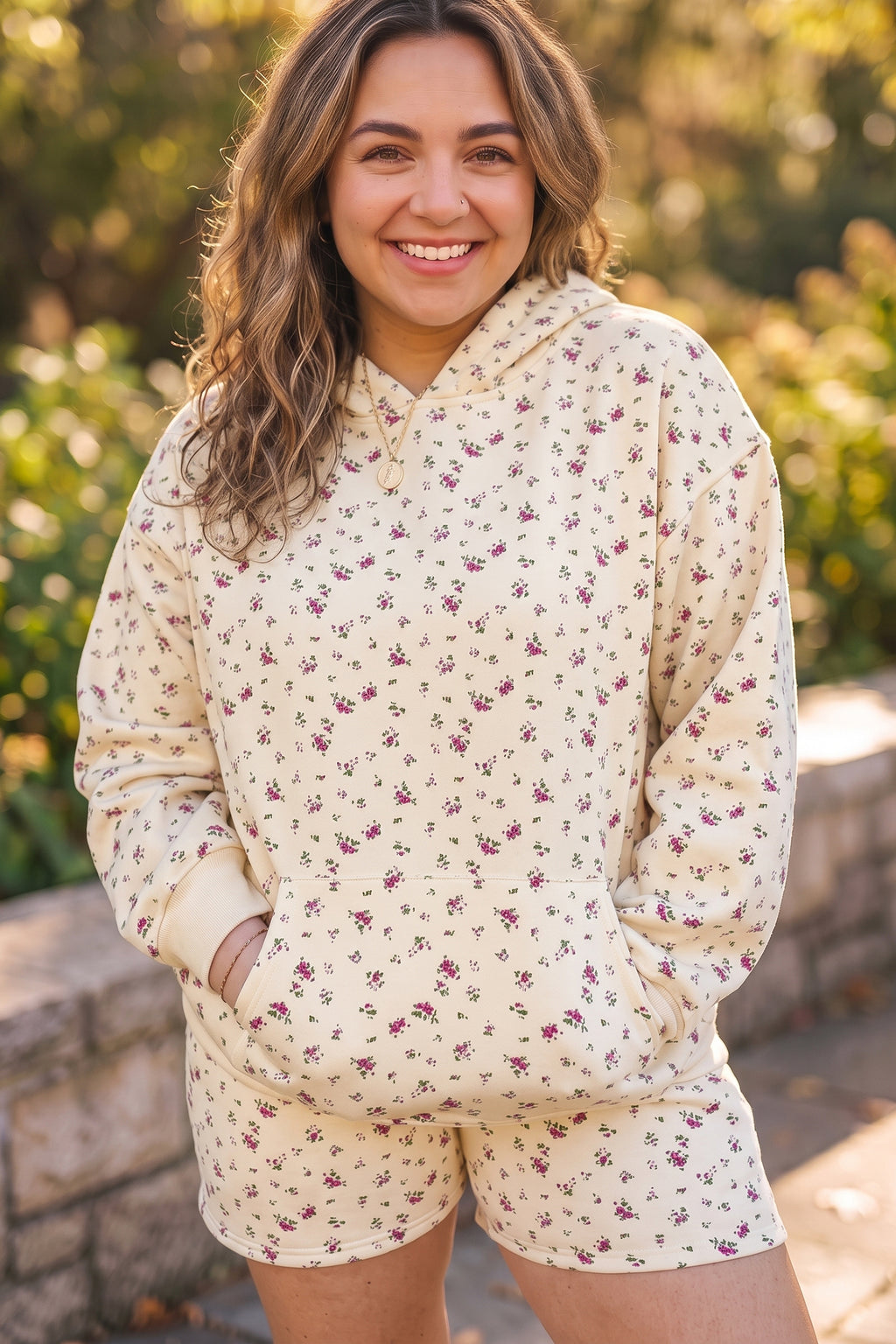 Beige Floral Print Hooded Long Sleeve Set