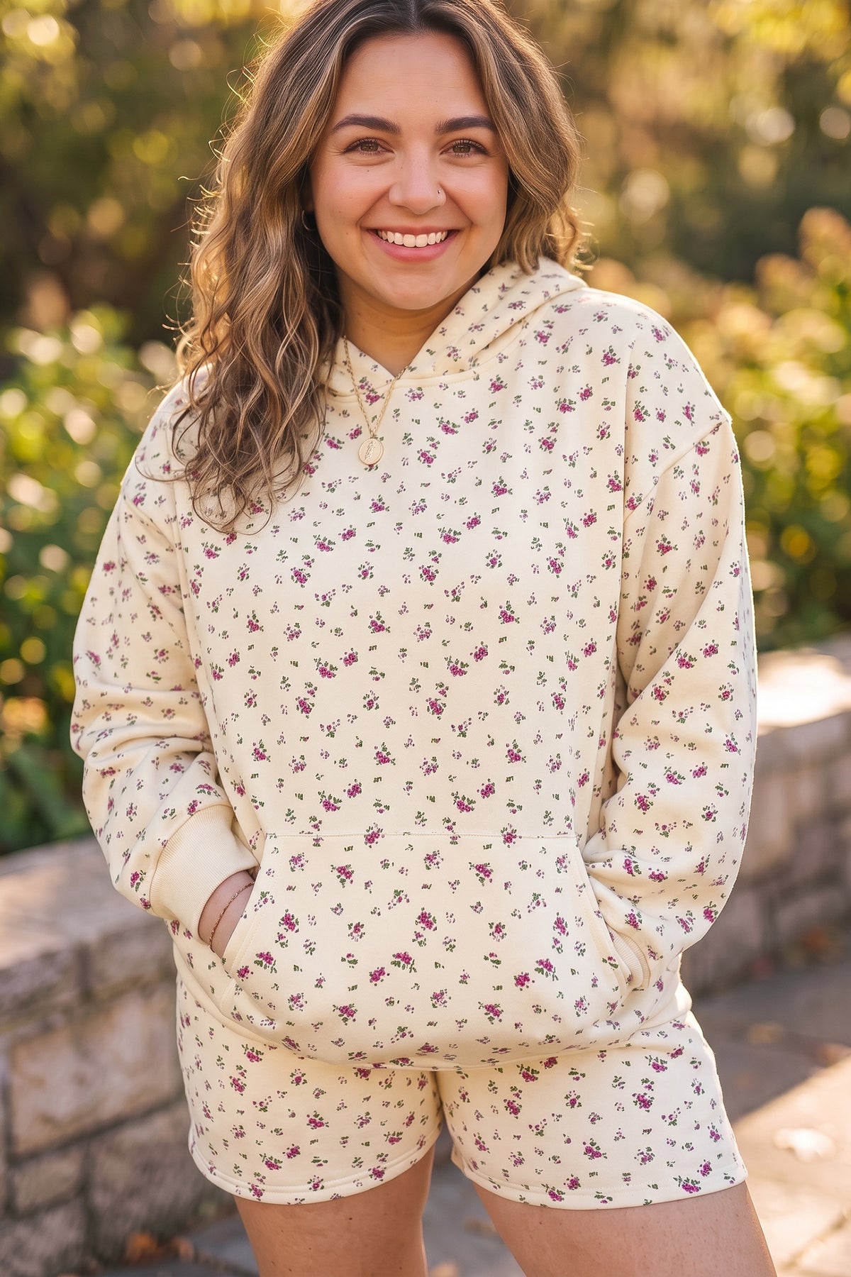 Beige Floral Print Hooded Long Sleeve Set