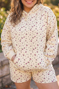 Beige Floral Print Hooded Long Sleeve Set