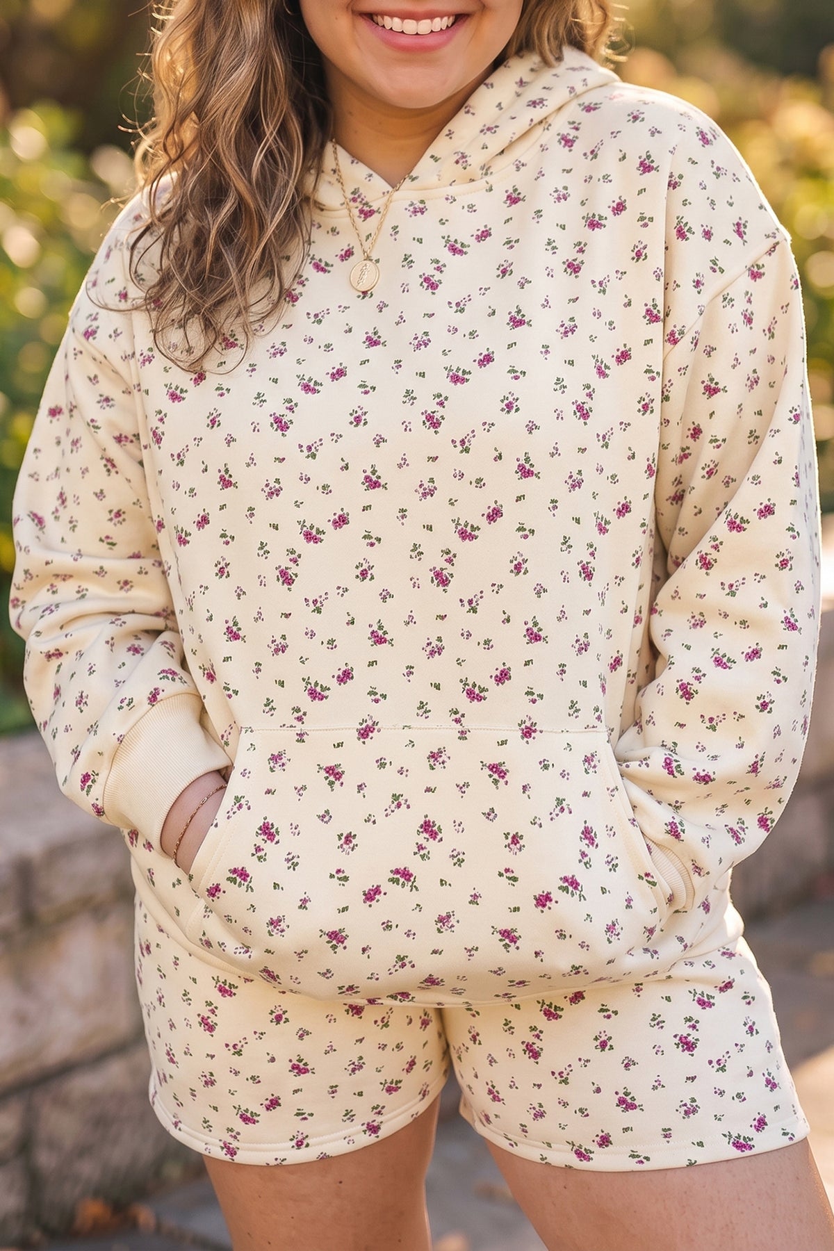 Beige Floral Print Hooded Long Sleeve Set
