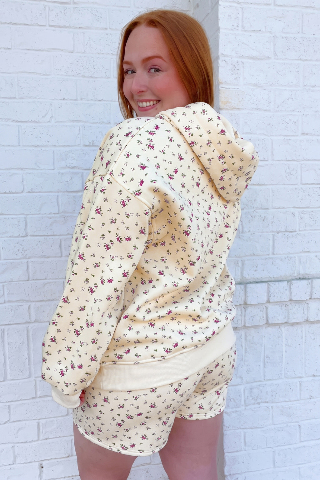 Beige Floral Print Hooded Long Sleeve Set