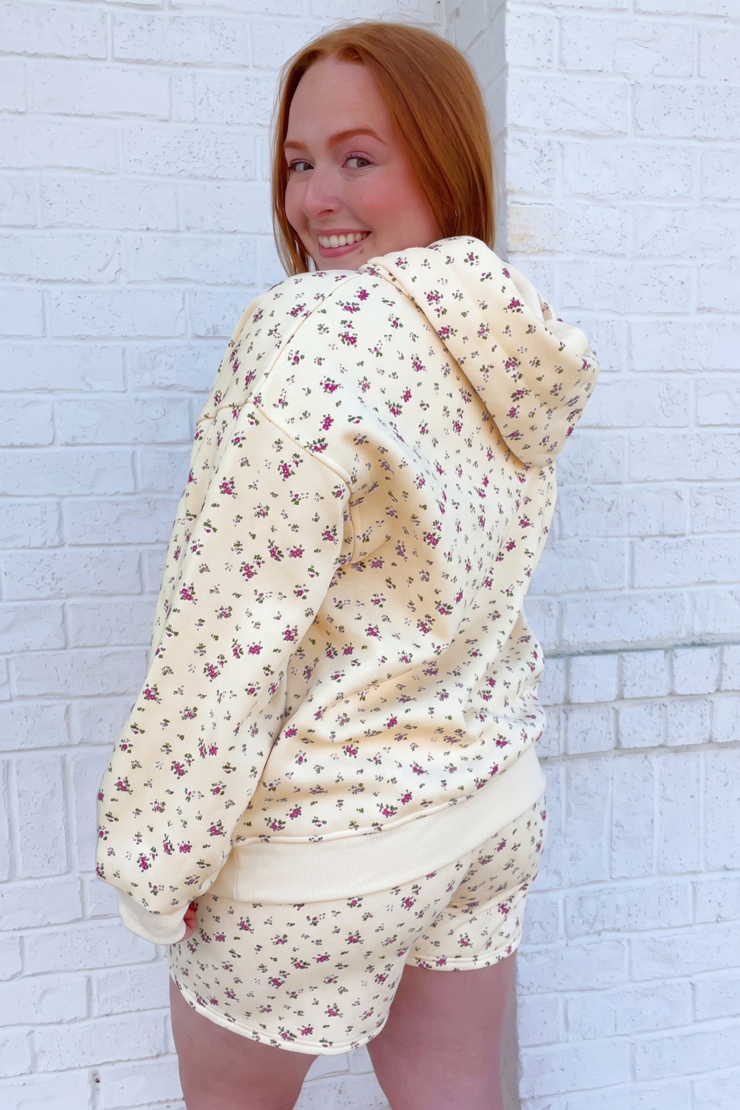Beige Floral Print Hooded Long Sleeve Set