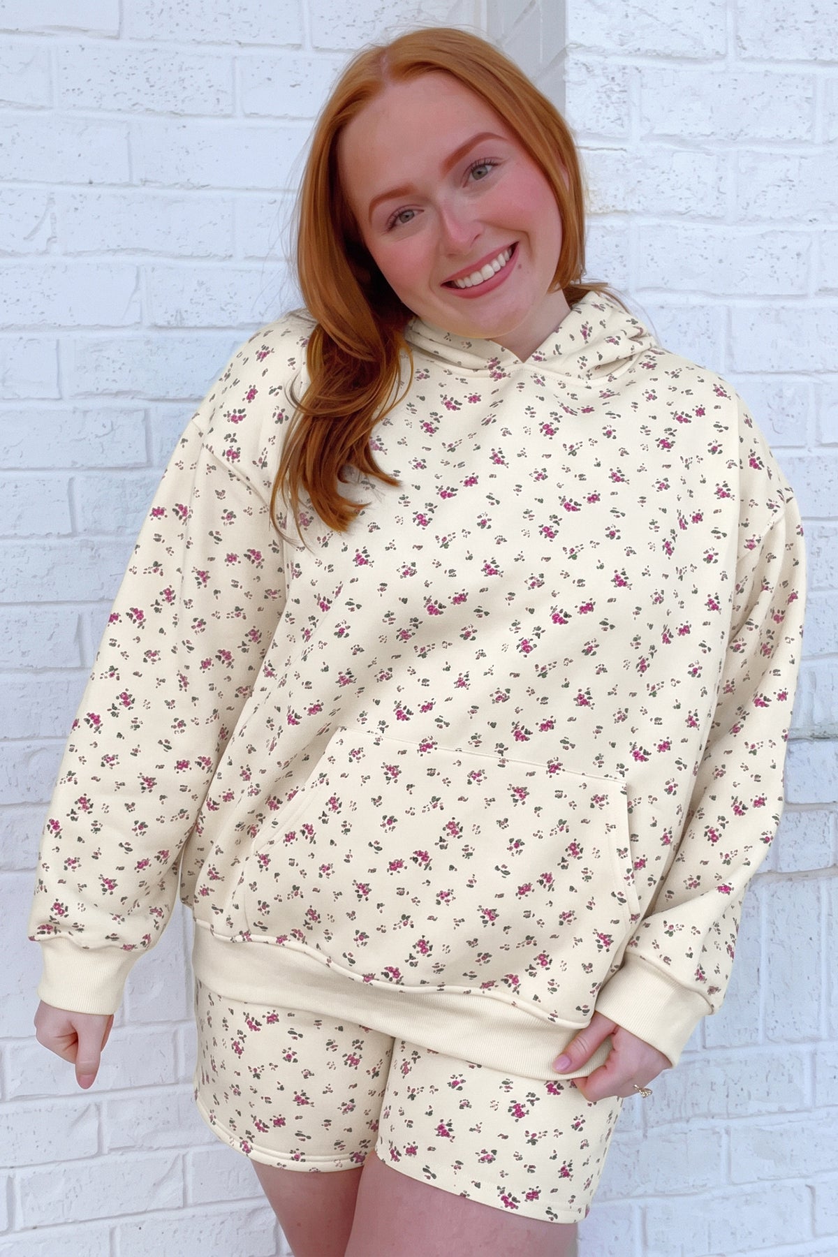 Beige Floral Print Hooded Long Sleeve Set