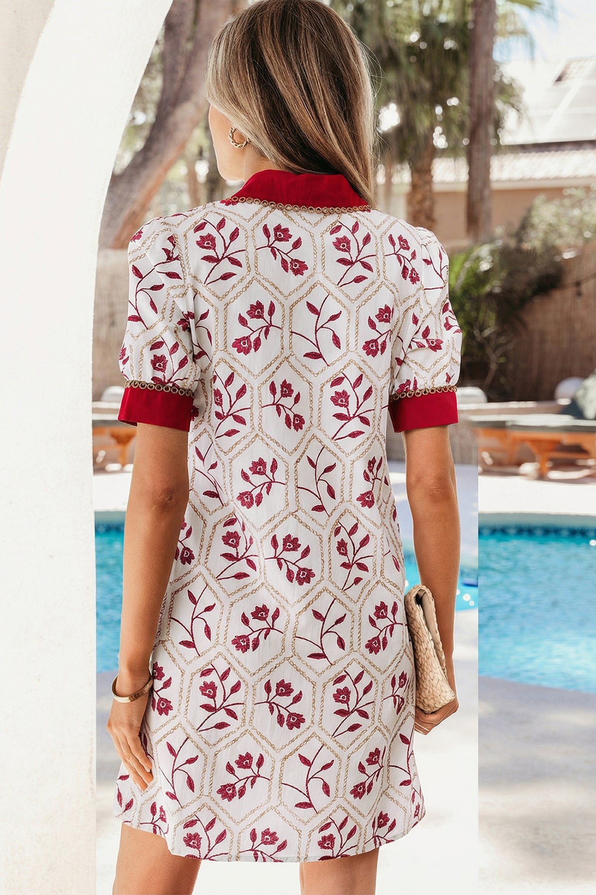 Blue Geometric Floral Print Lace Trim Collared Short Sleeve Mini Dress