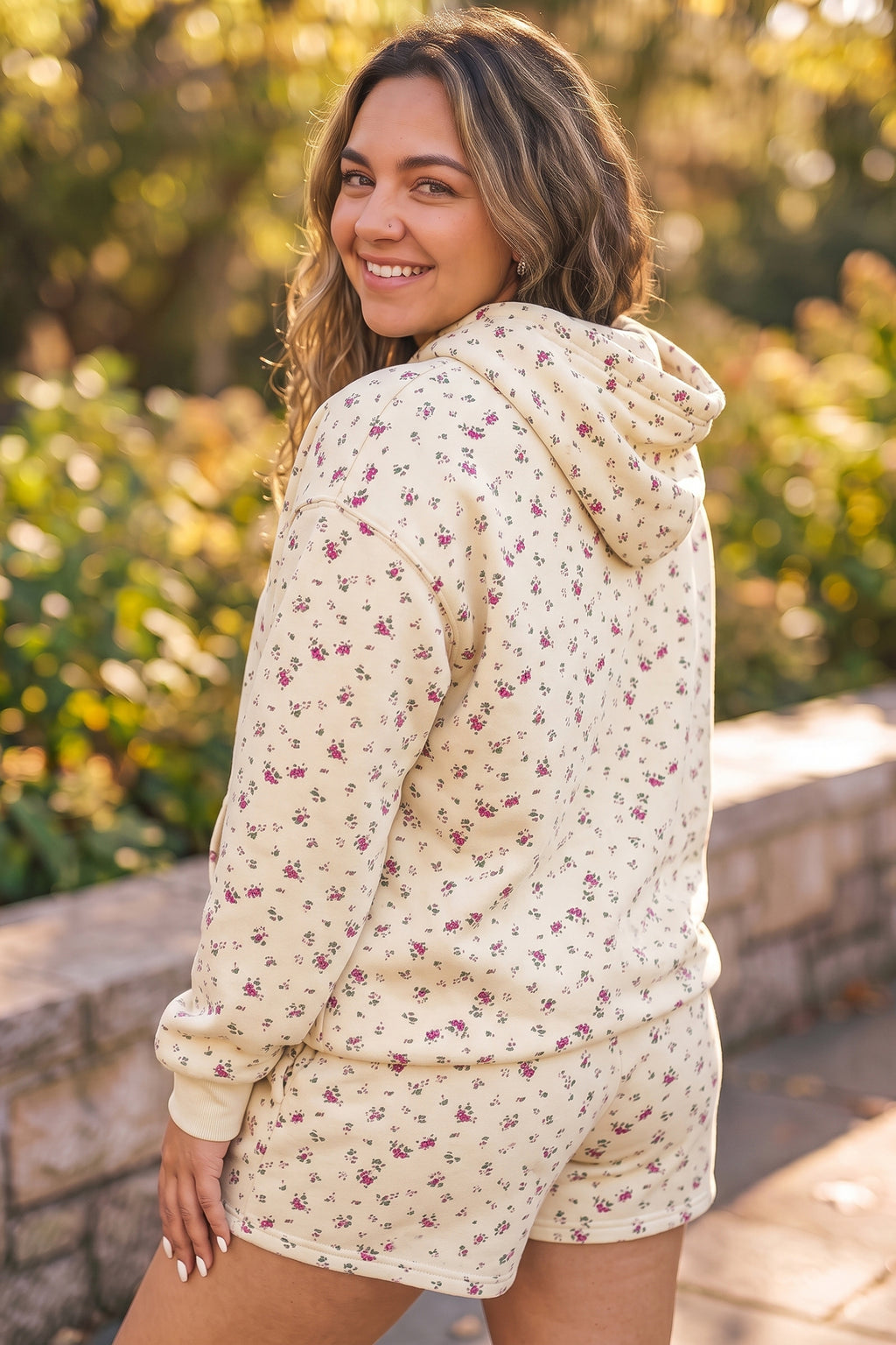 Beige Floral Print Hooded Long Sleeve Set
