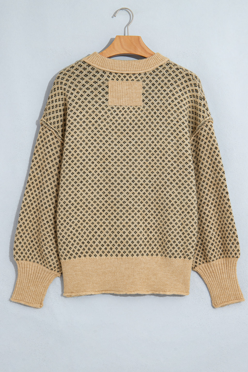 Khaki Geometric Print Drop Shoulder Round Neck Long Sleeve Sweater