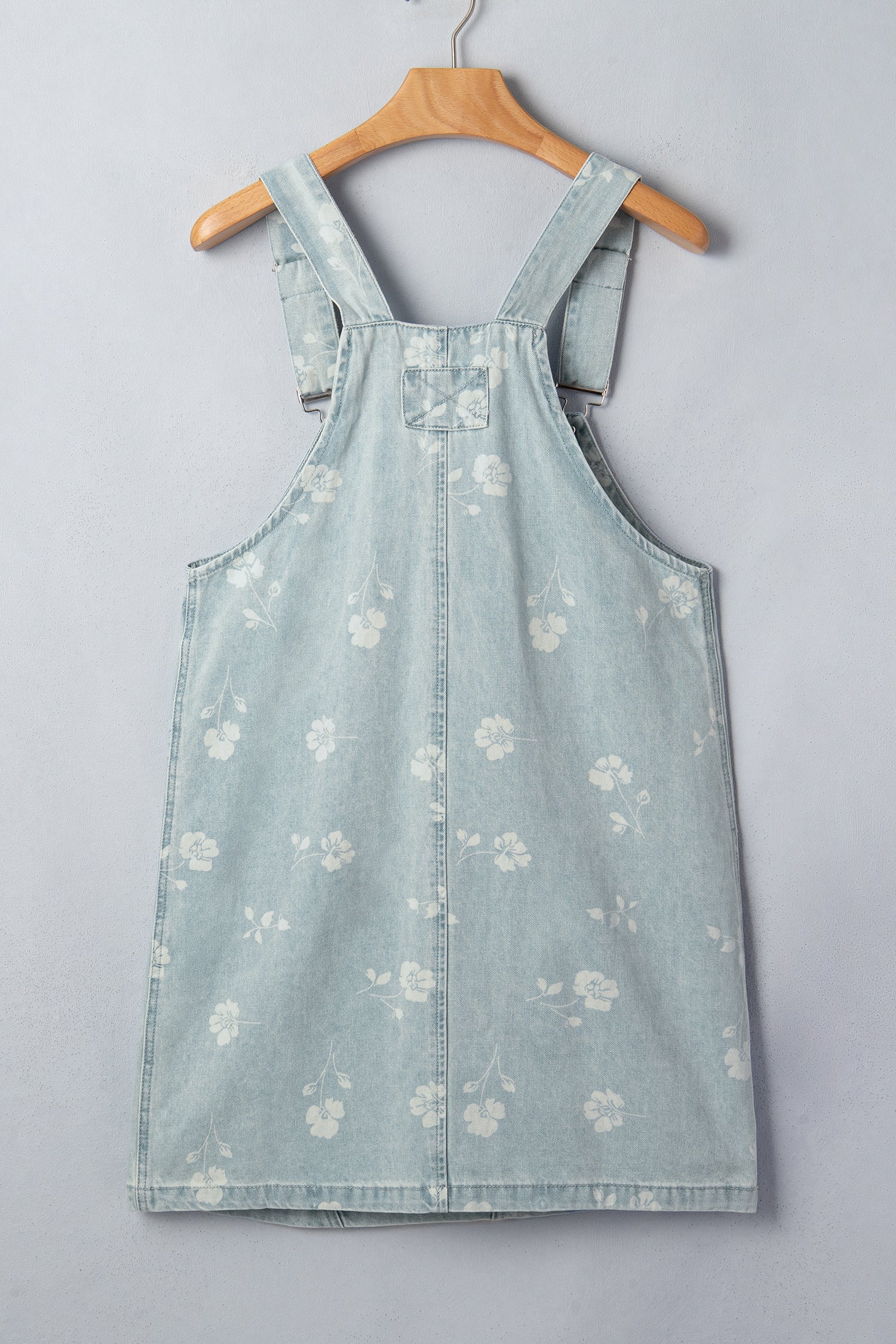 Sky Blue Retro Wash Denim Floral Print Overall Mini Dress