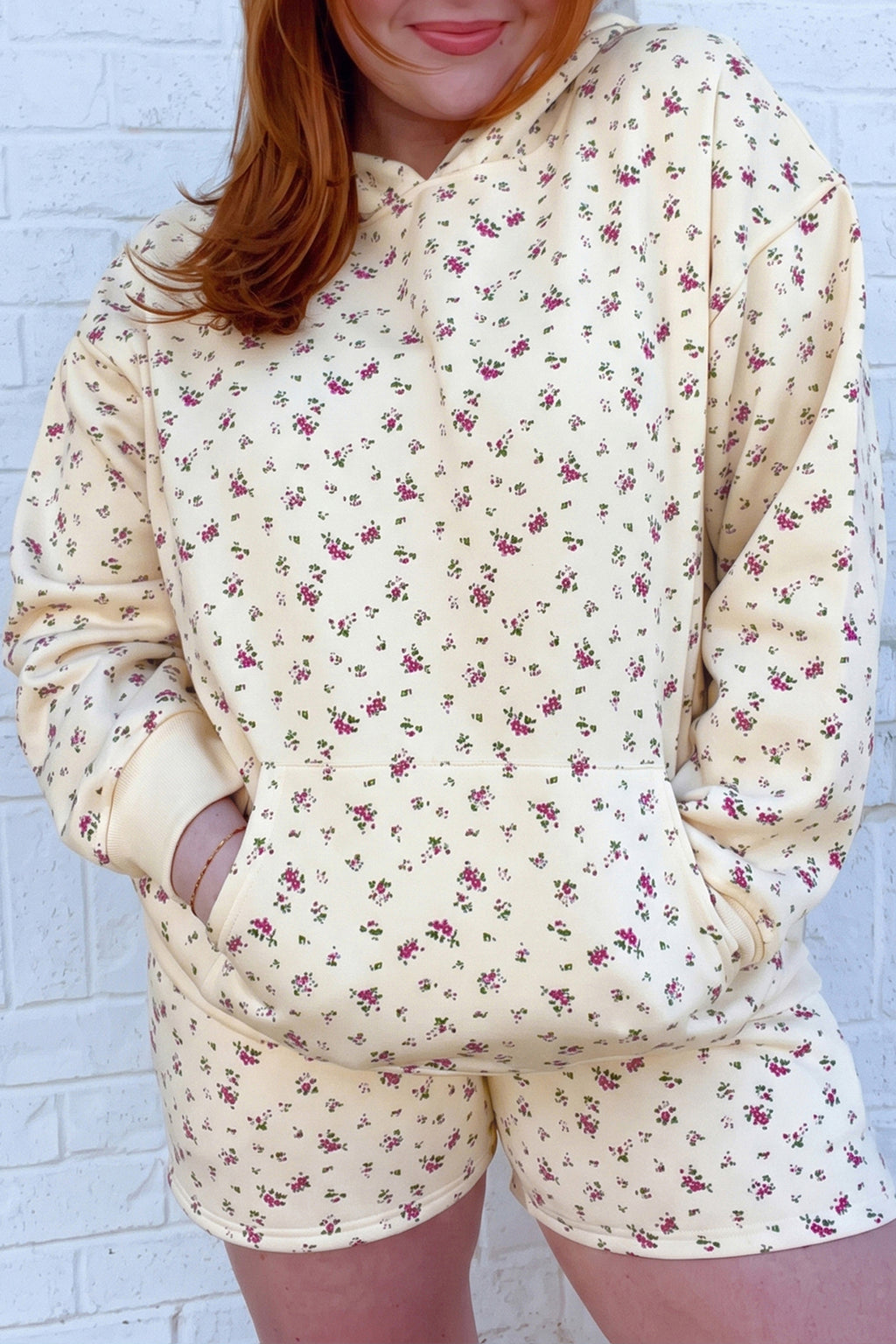 Beige Floral Print Hooded Long Sleeve Set